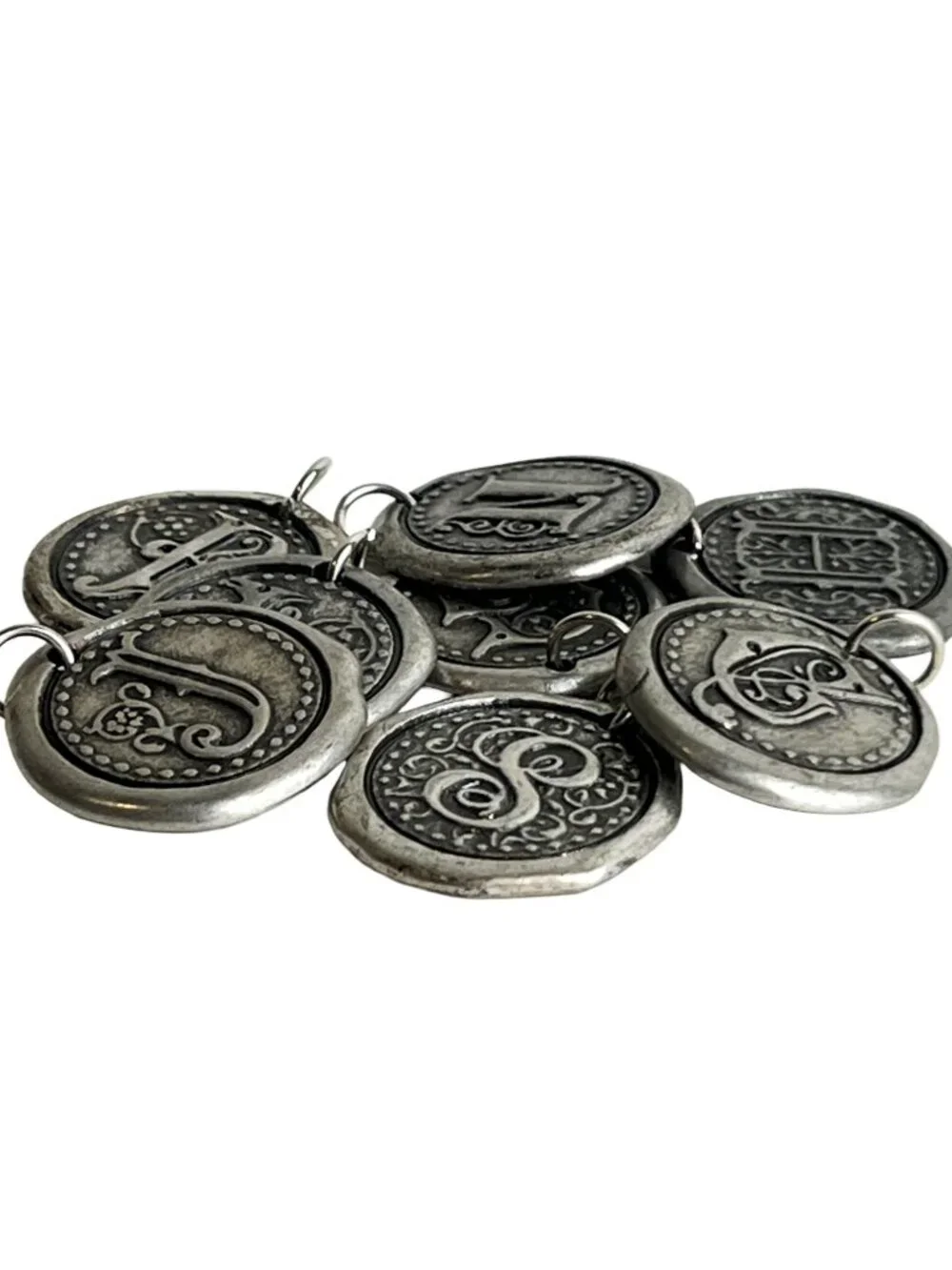 8 Vintage Wax Seal Initial Charms – Antique Silver Monogram Letter Pendants
